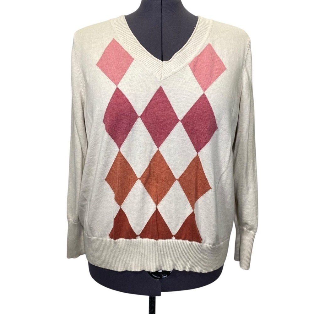 SONOMA Argyle Diamond V-Neck knit sweater Women's Plus Size 2X long sleeve
